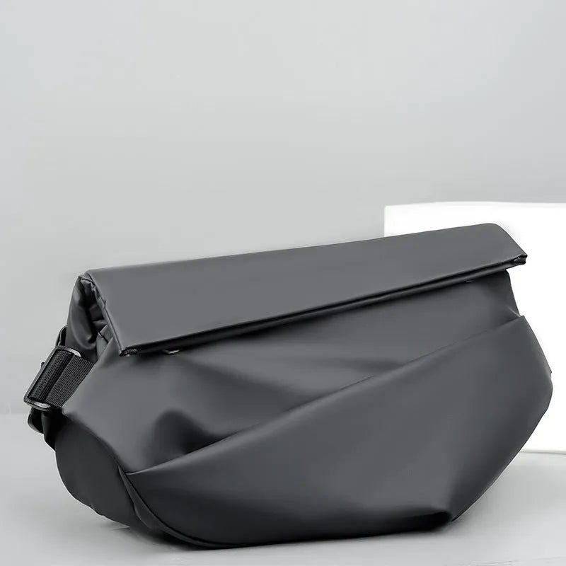Grey PU leather men's crossbody bag showing internal phone and document compartments