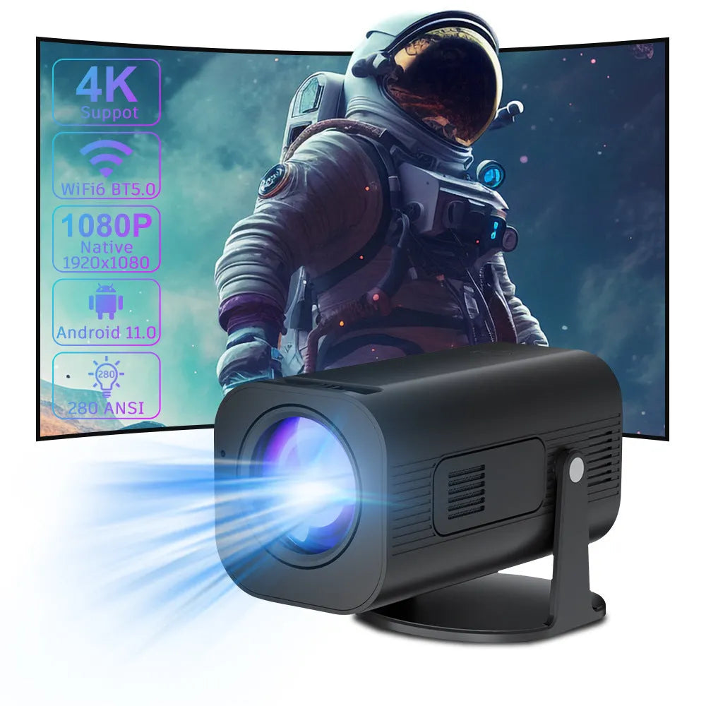 Black P330 portable mini projector with remote control on table displaying HD projection