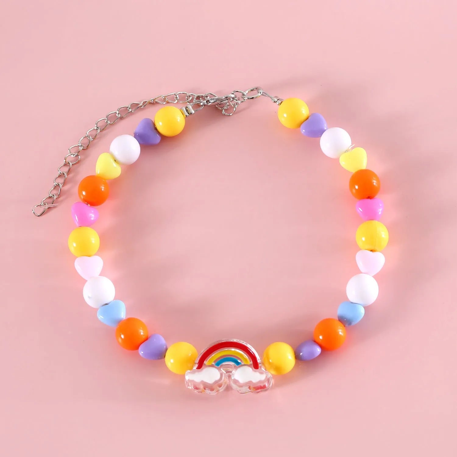Colourful plastic bead pet necklace in peach, rainbow, or small flower patterns with adjustable sizing.