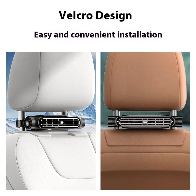 Creative USB plug-in car seat fan with brushless motor mounted on headrest with Velcro strip.