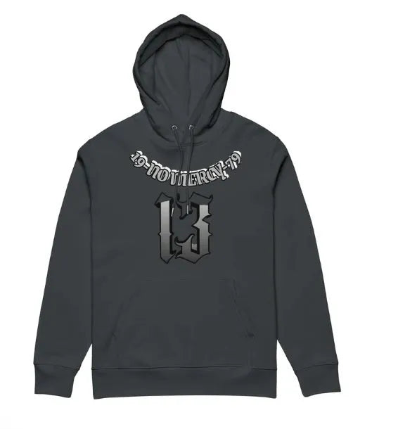 A loose-fit grey hooded pullover sweater with a fleece lining, shown flat