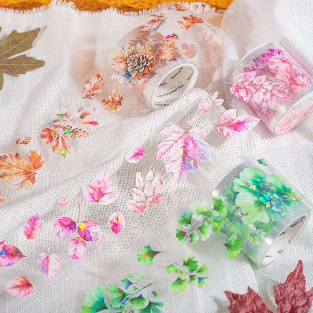 Six rolls of transparent PET decorative stickers with leaf patterns for hand account books