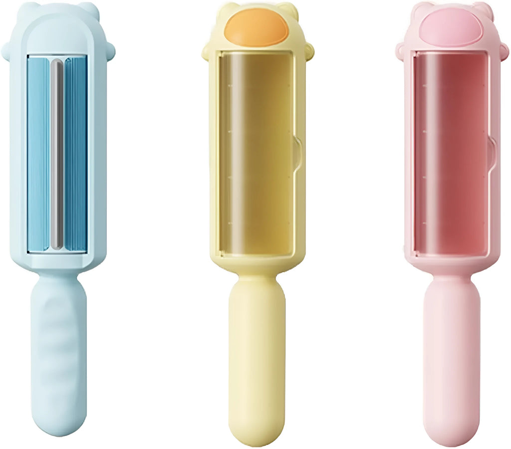 Self-cleaning pet hair removal roller tool for furniture and car seats in blue, pink, or yellow colours