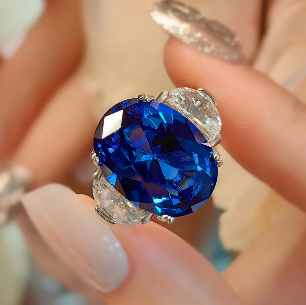Blue geometric copper band ring with diamond setting for women