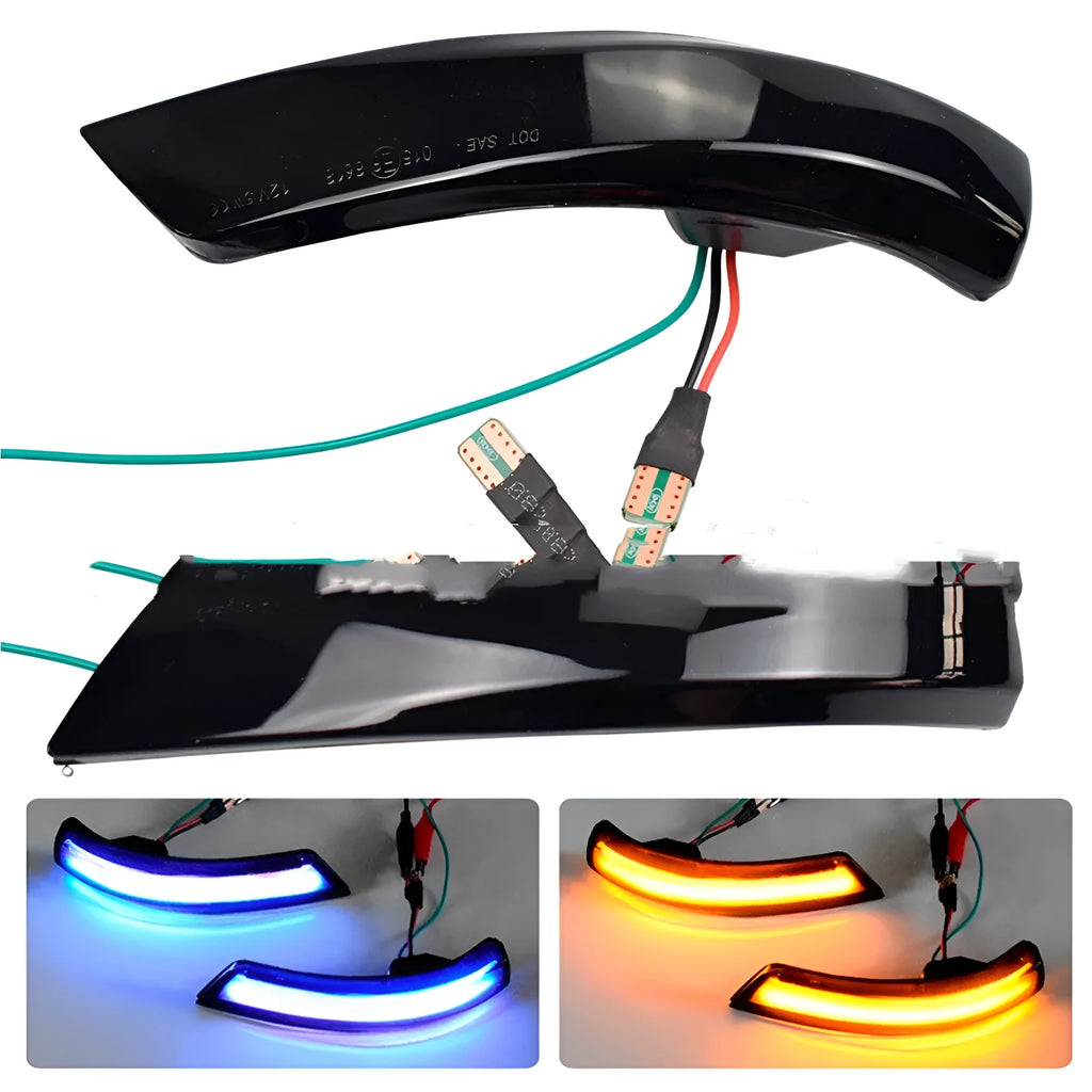 Rearview mirror waterfall LED light strip in blue and yellow two-tone for Ford Focus and Mondeo.