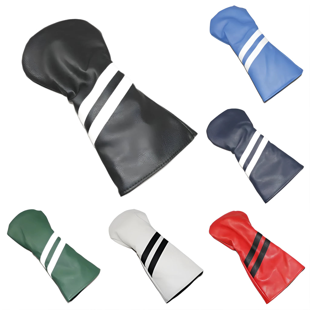 Oblique double stripe golf club head cover in PU material, shown in blue on a golf club.