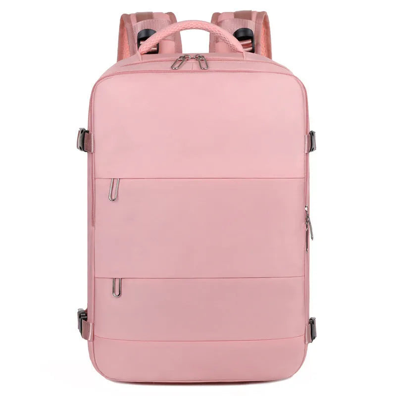 Large-capacity purple travel backpack for women with multiple compartments and an air pillow shoulder strap.