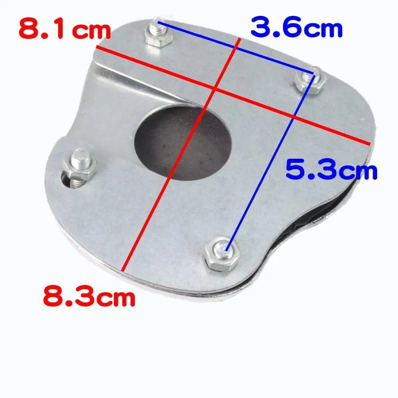 Metal motorcycle brake pedal skid plate replacement part showing three colour options