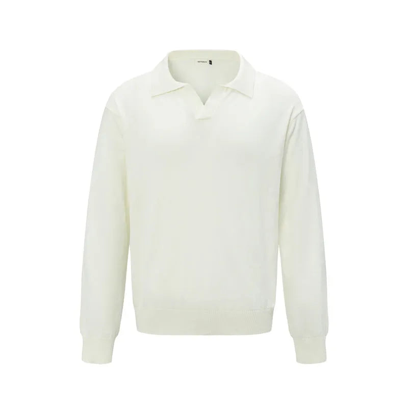 Man wearing a loose beige acrylic blend pullover sweater for casual leisure.