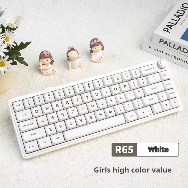 White wireless mechanical keyboard with RGB backlighting and mechanical switches on a desk