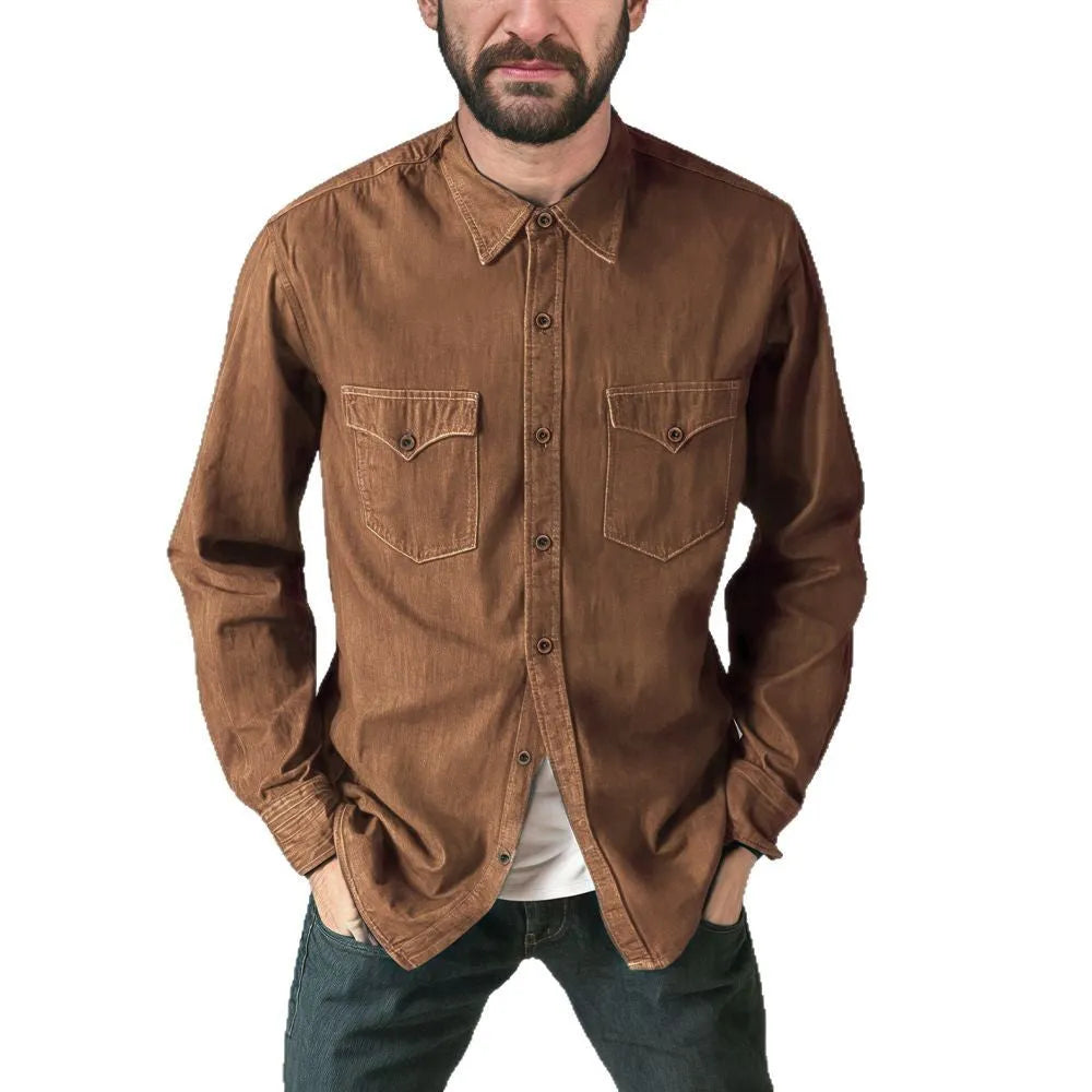 Cotton denim cardigan coat in regular fit on a hanger, shown in khaki colour with button front.