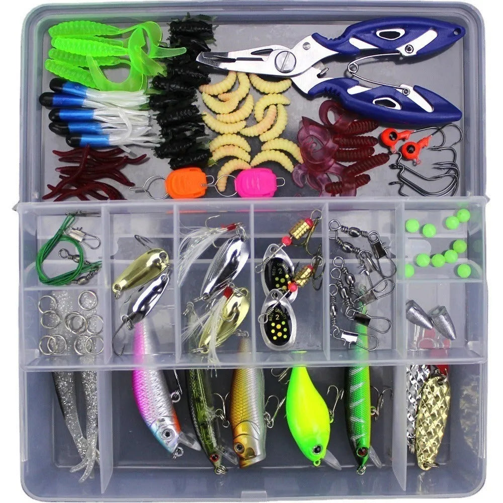Junior fishing lure suit set with PP plastic storage box containing an assortment of artificial baits.