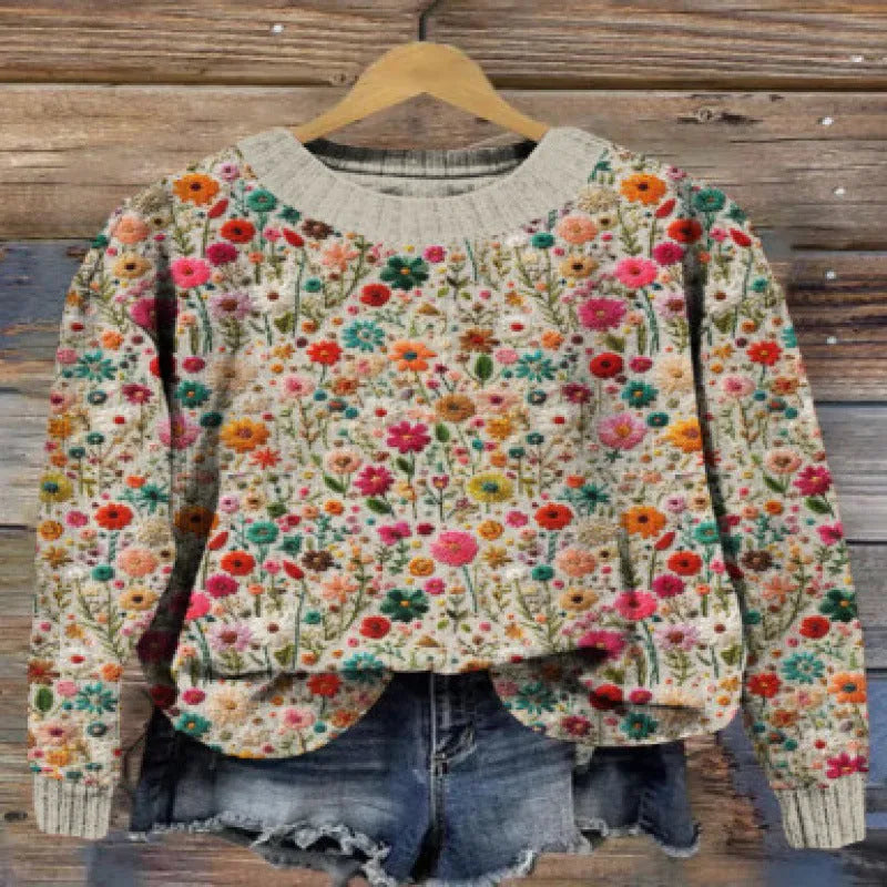 Little Flower digital printed floral pattern sweater in a round neck style.