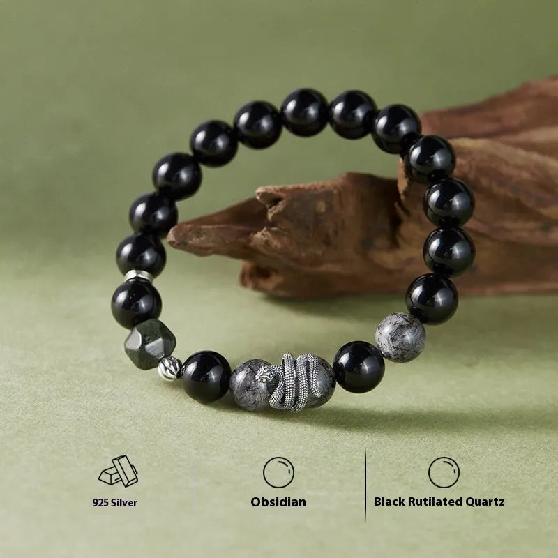 Men's black obsidian and sterling silver snake year bracelet with retro design, 10mm wide.