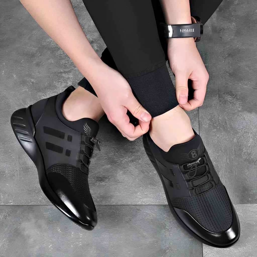 Men's black casual height increase shoes with round toe and chunky heel in leather, Lycra or mesh options