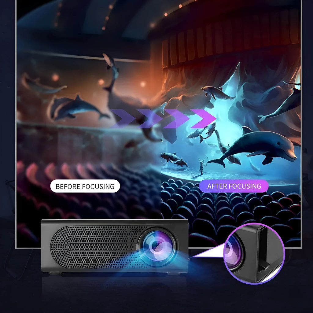 Black and white portable mini projector with wired mobile phone connection cable