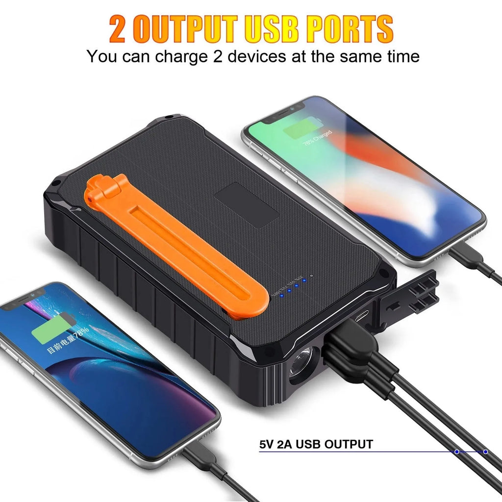 Orange and green portable solar hand crank power bank with USB ports and LED light