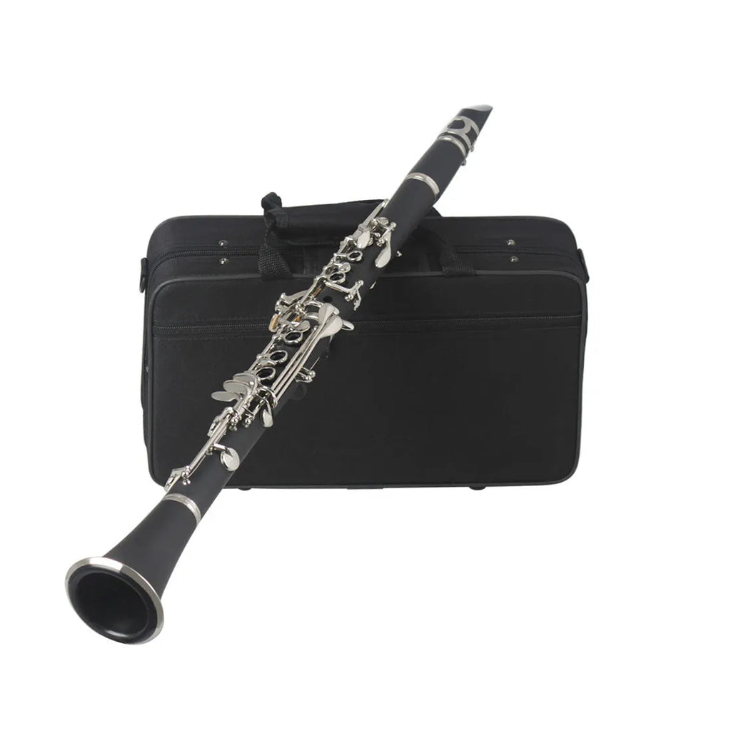 Black bakelite clarinet with nickel-plated keys and included instrument bag