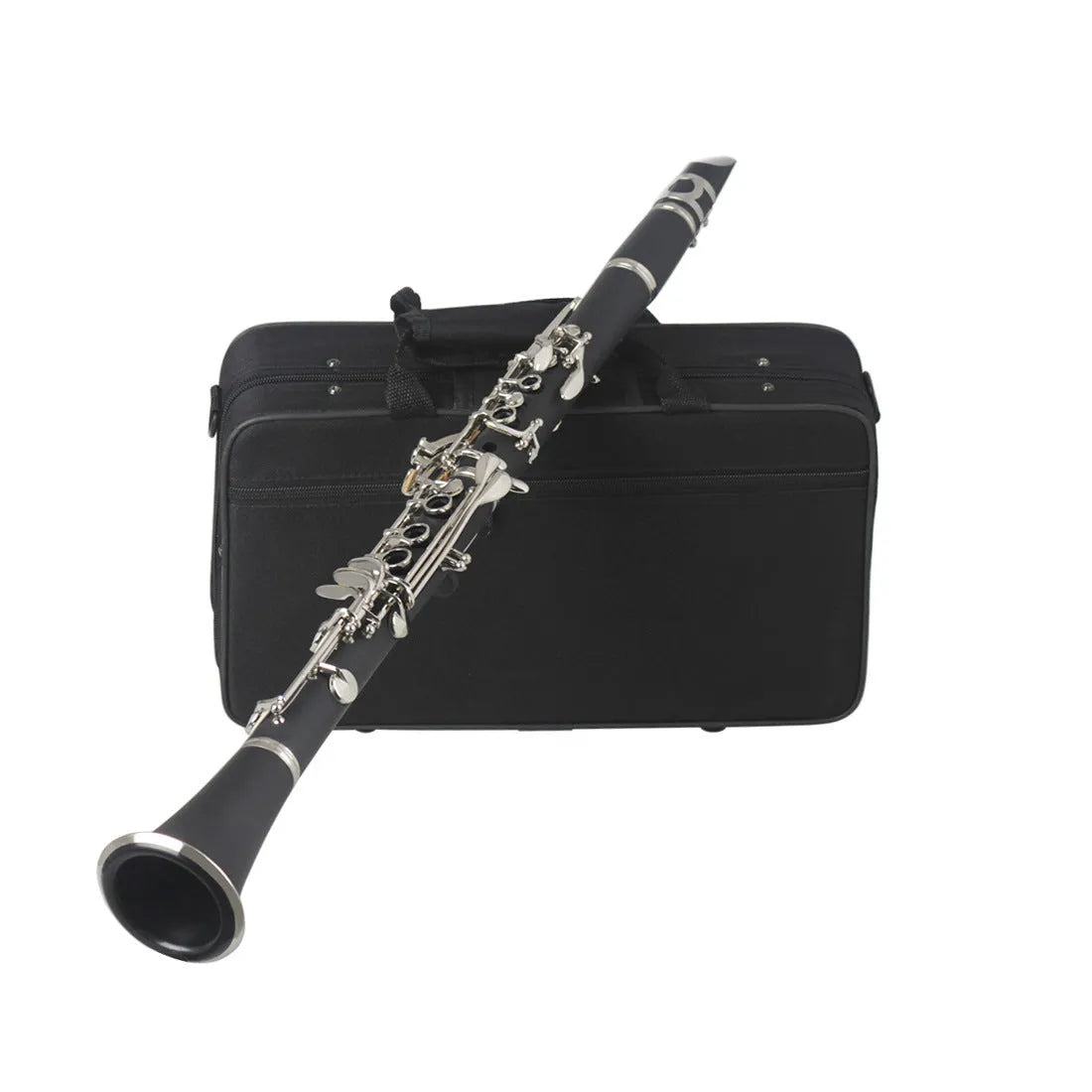 Black bakelite clarinet with nickel-plated keys and included instrument bag