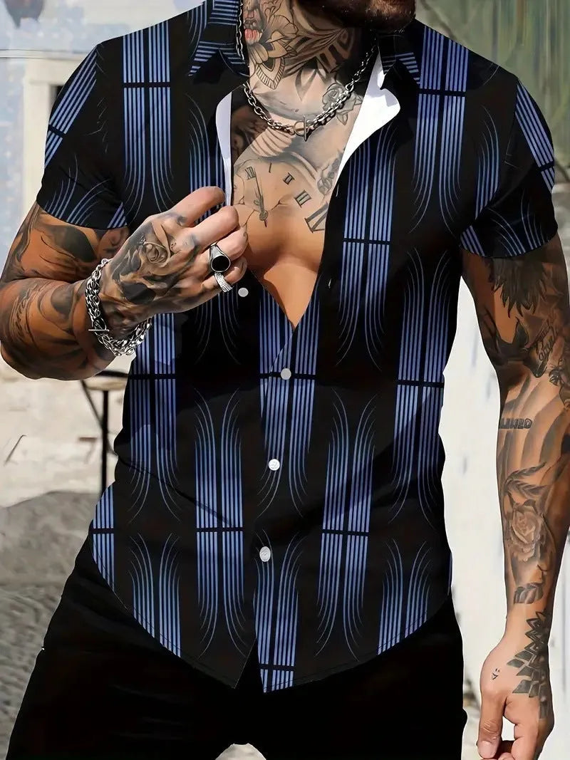 Men's geometric line print lapel short sleeve shirt in slim fit cardigan style