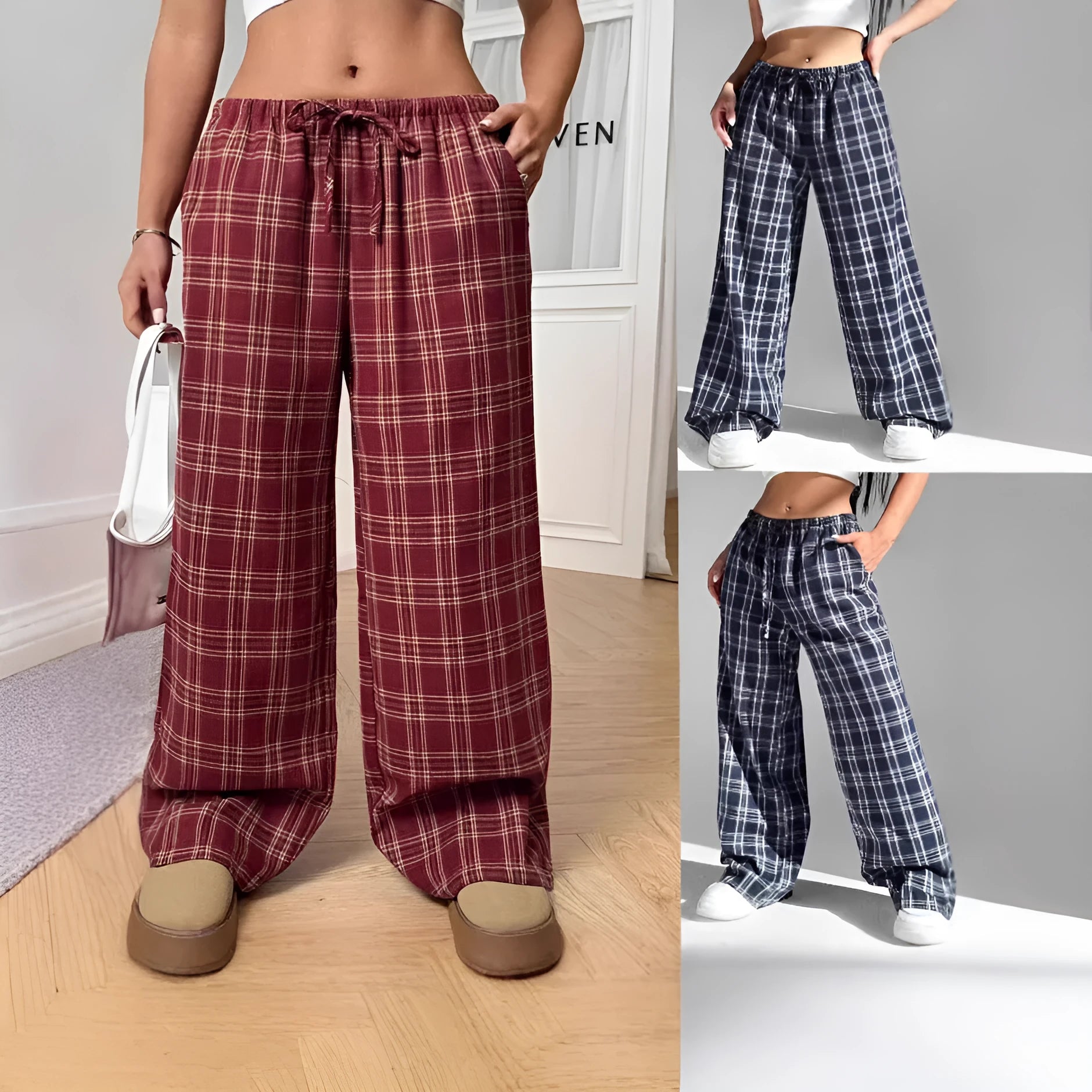 Women's red casual trousers with drawstring waist and plaid pockets in loose fit