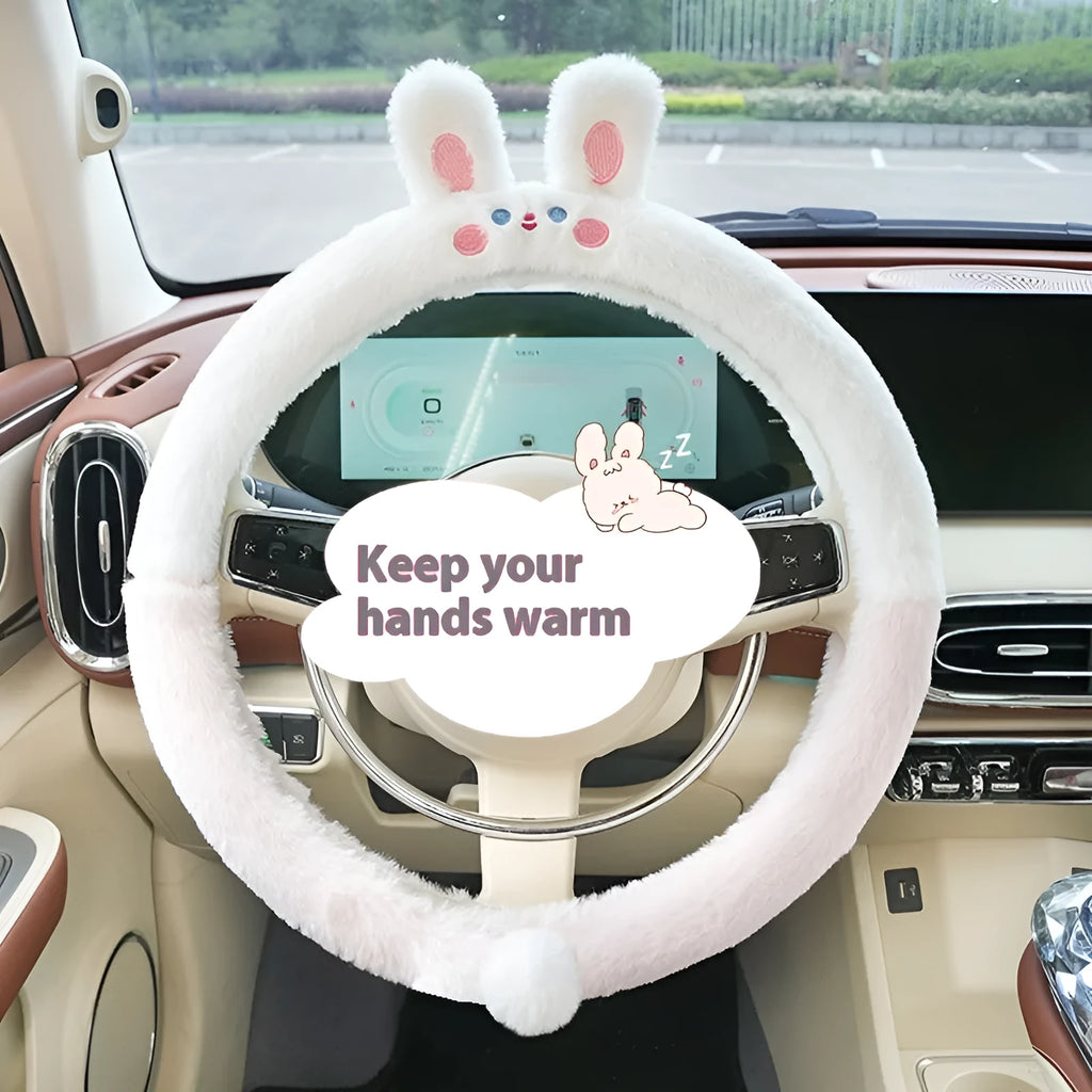 Winter plush steering wheel cover with embroidered cartoon animal design on 38cm steering wheel