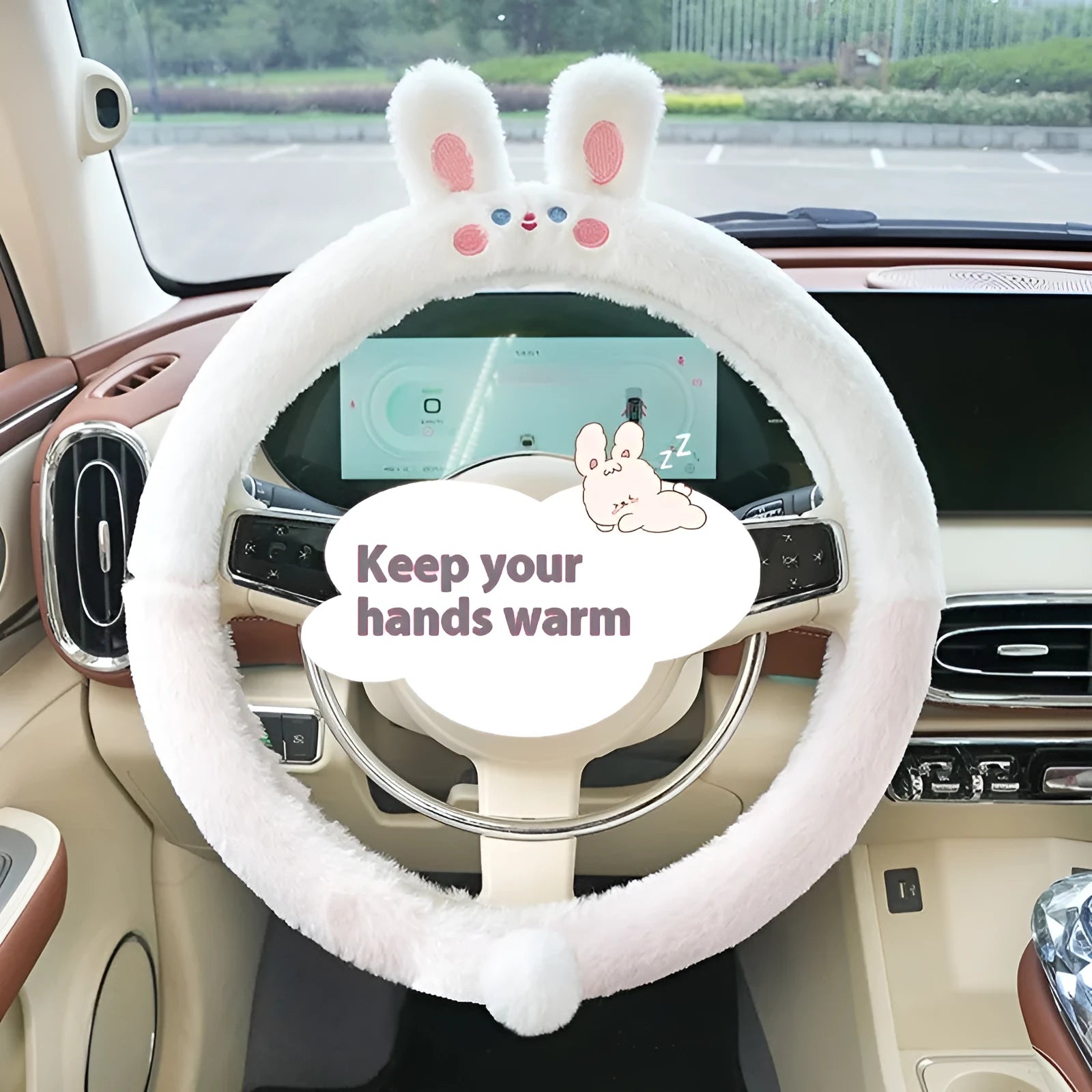 Winter plush steering wheel cover with embroidered cartoon animal design on 38cm steering wheel
