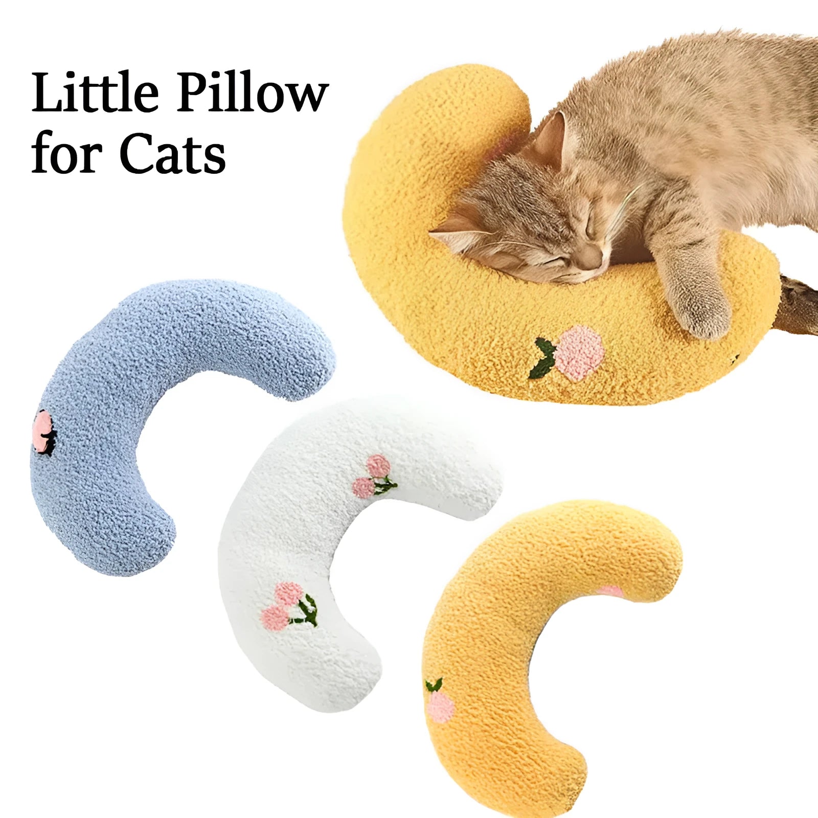 Small white U-shaped plush pet pillow for cats and small dogs on a neutral background.