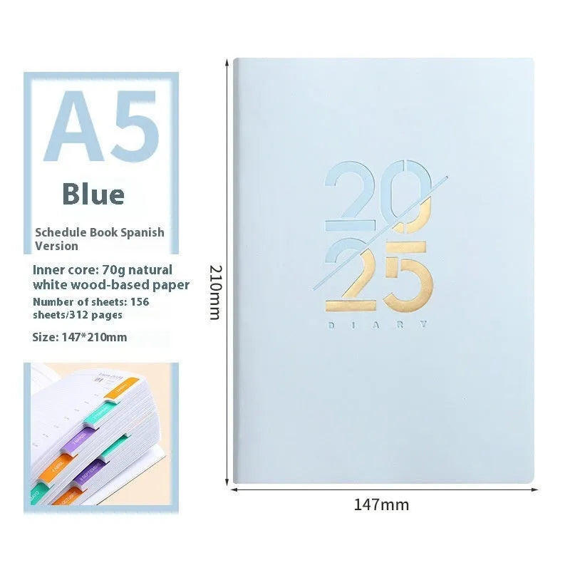 A5 daily planner with soft faux leather cover showing multiple colour options including pink yellow purple blue green