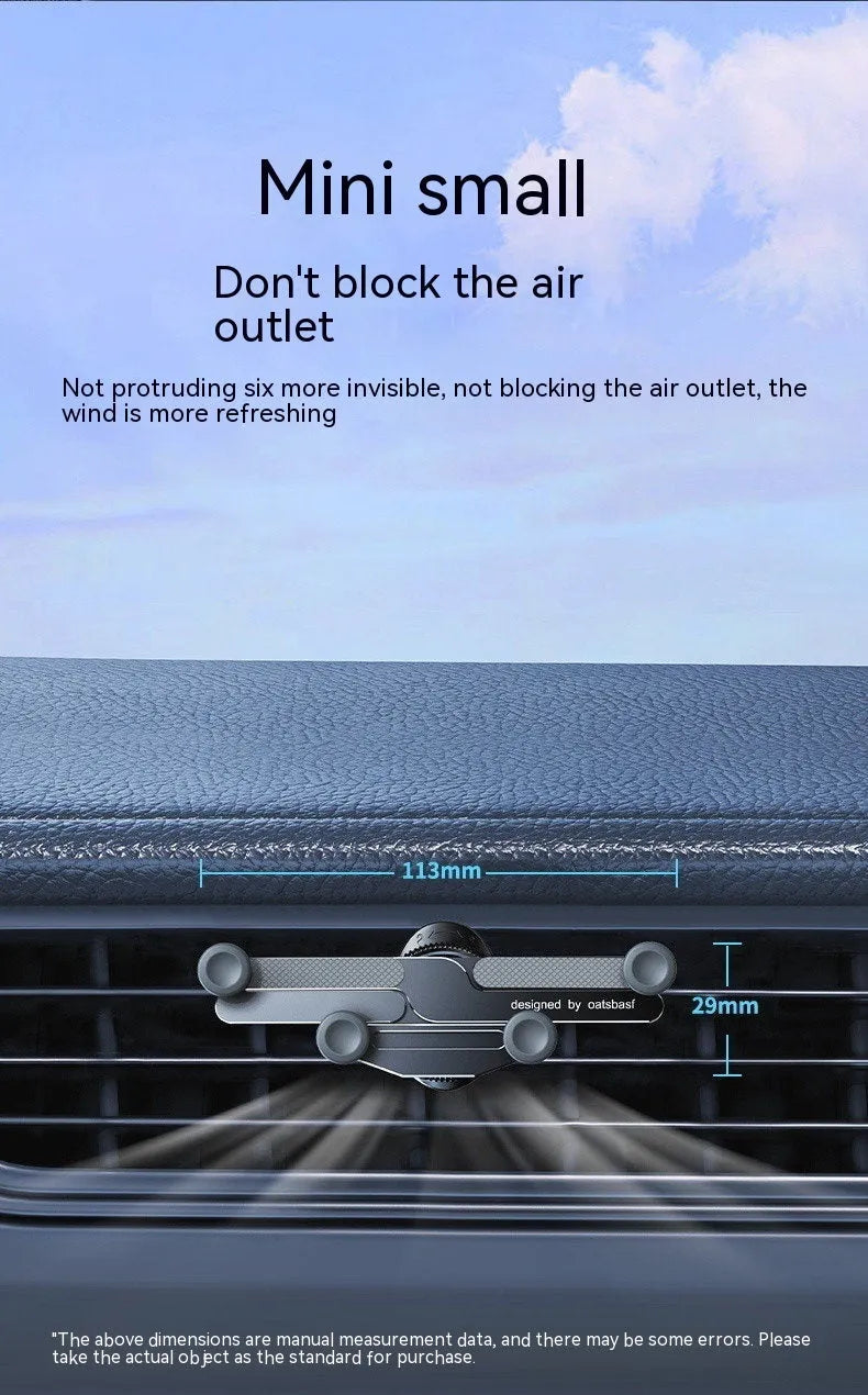Aluminium alloy snap-on car phone holder shown in black, mounted on a car air vent.
