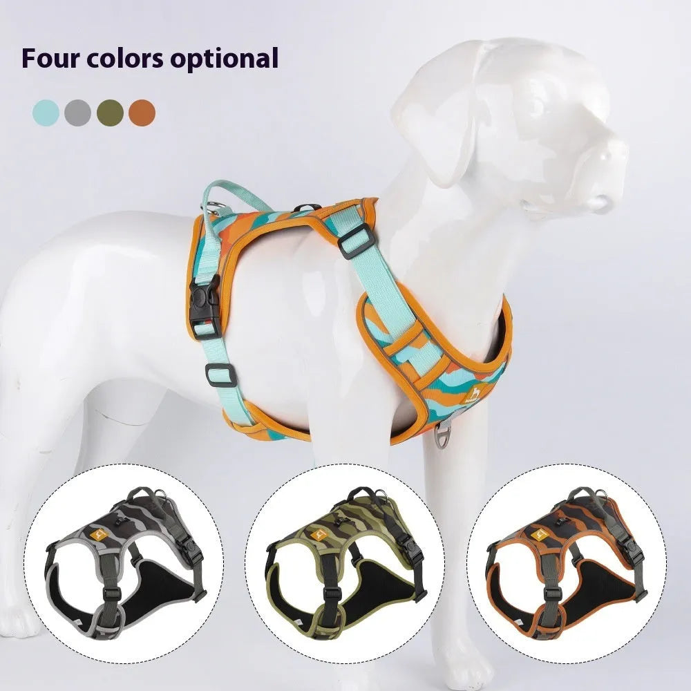 Orange Oxford cloth dog harness with reflective hand-holding rope on a dog's chest and back.