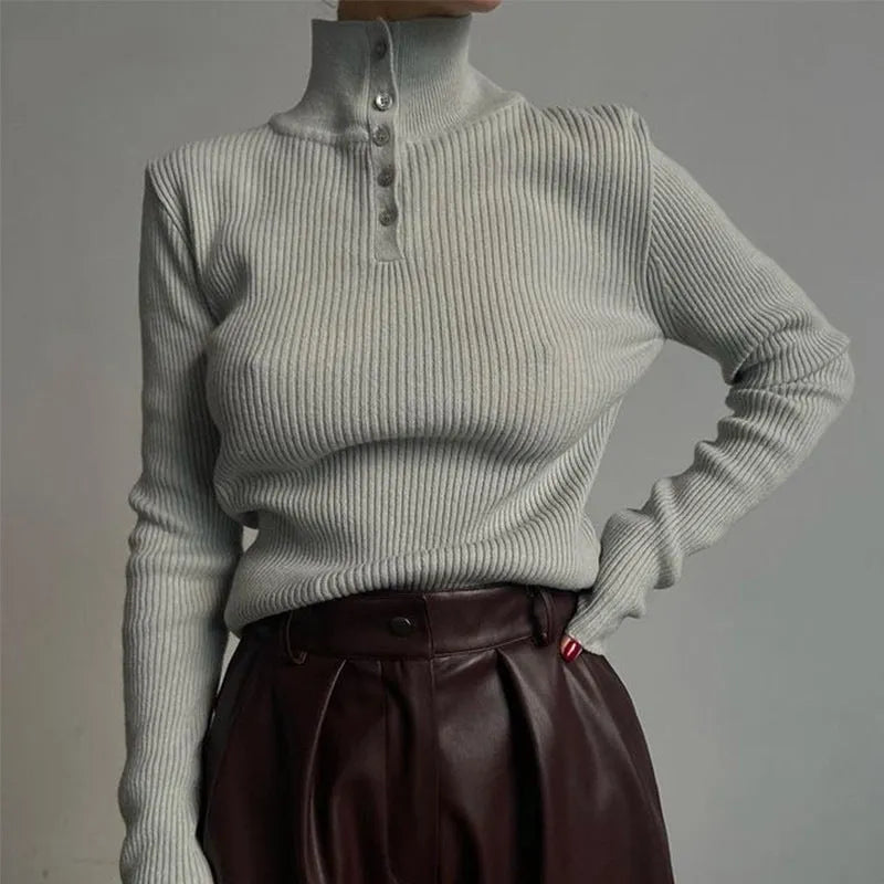 Women's slim fit retro half turtleneck pullover sweater in silver grey.
