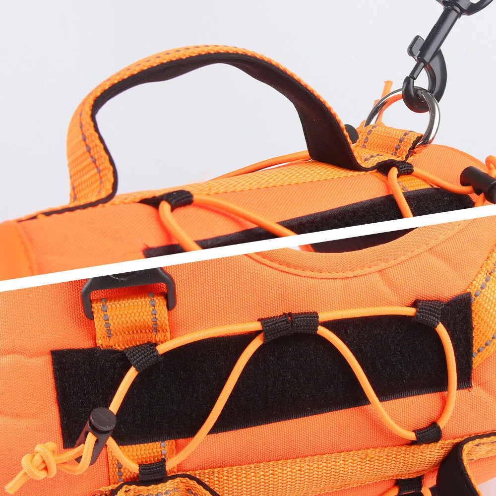Orange reflective dog harness with a black integrated hand-holding rope, showing size adjustment straps.