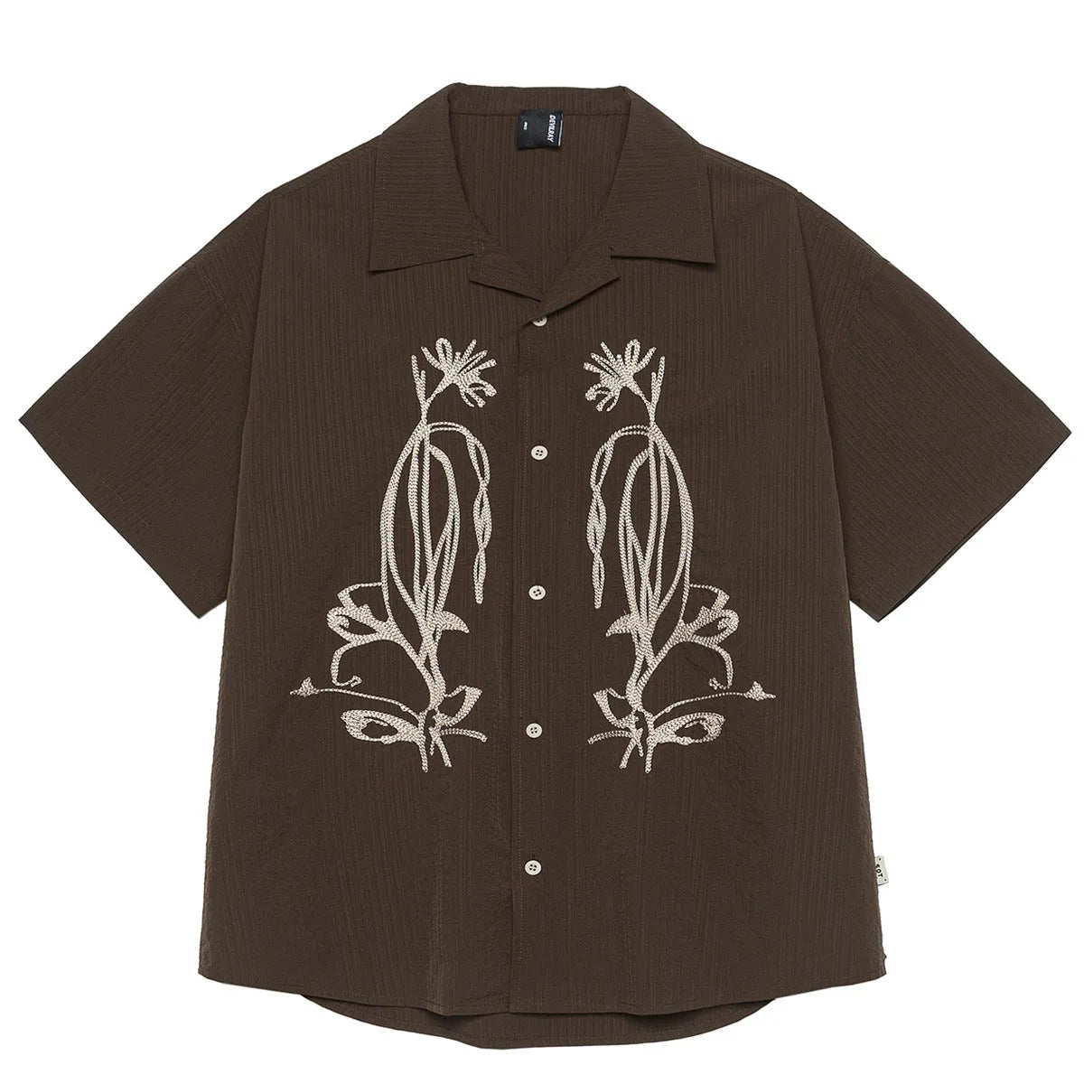 Brown striped Cuban collar outdoor shirt with short sleeves for mountain camping