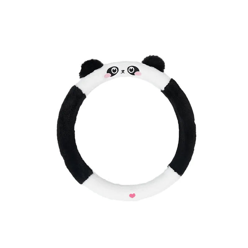 Winter plush steering wheel cover with embroidered cartoon animal design on 38cm steering wheel
