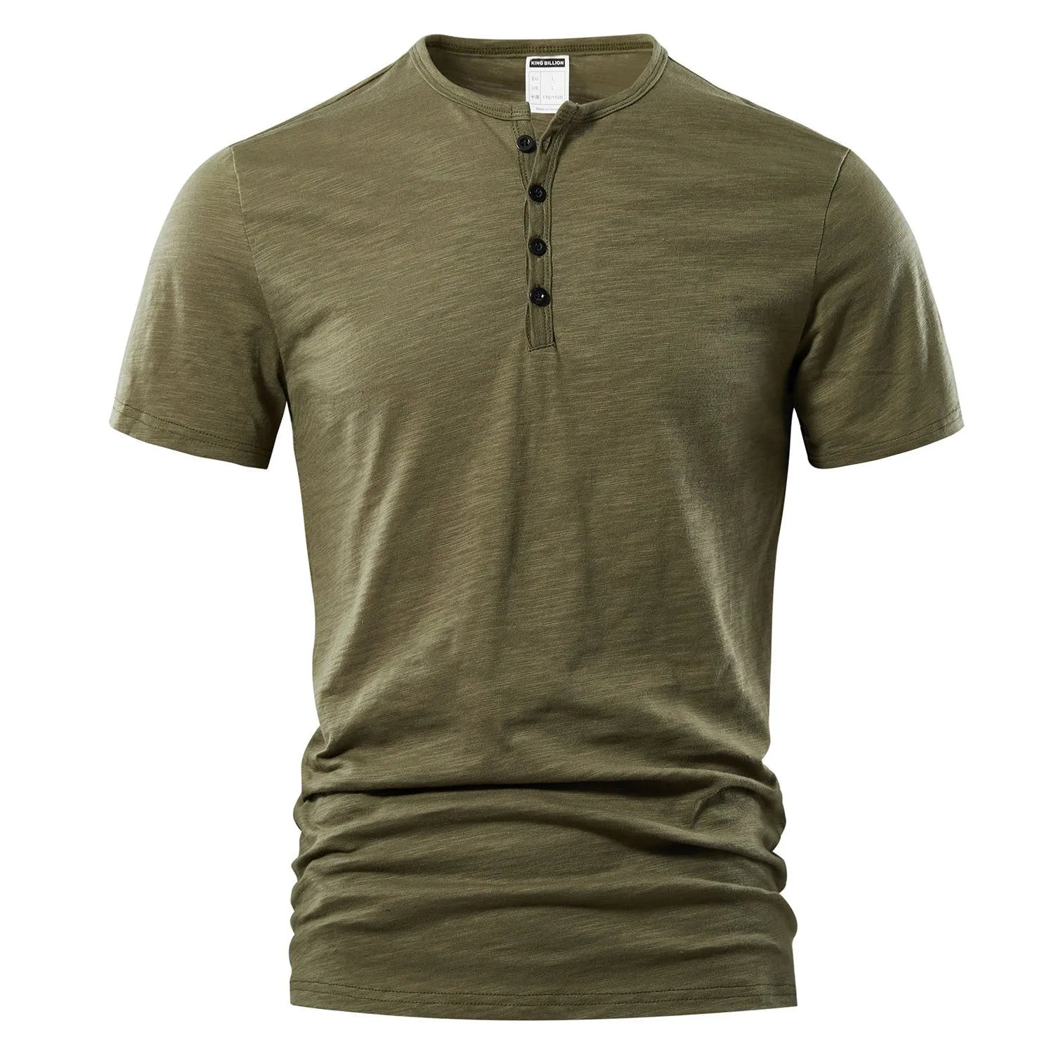 Men's slub cotton short sleeve T-shirt in a solid colour on a hanger, showing the textured fabric and British style cut.