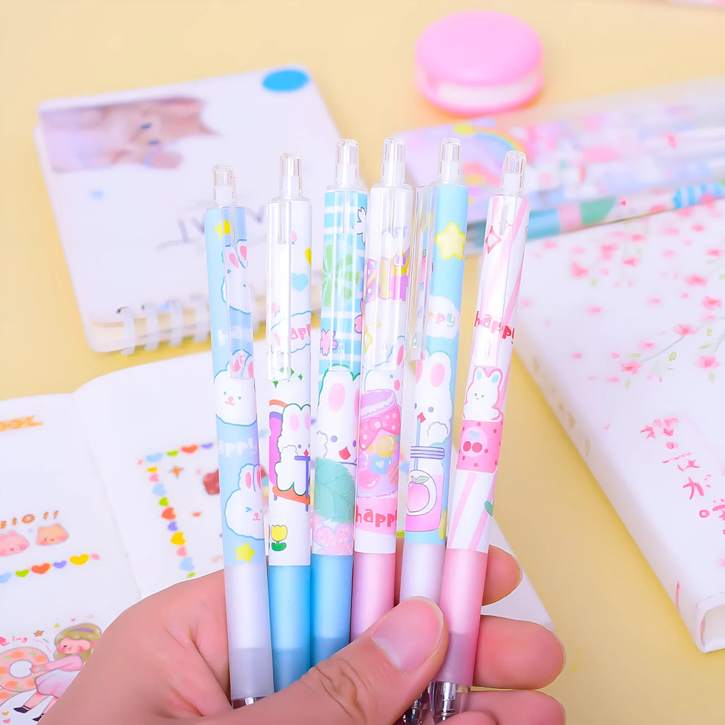 Six black signature pens with cartoon bunny designs and 0.5mm fine tips for writing