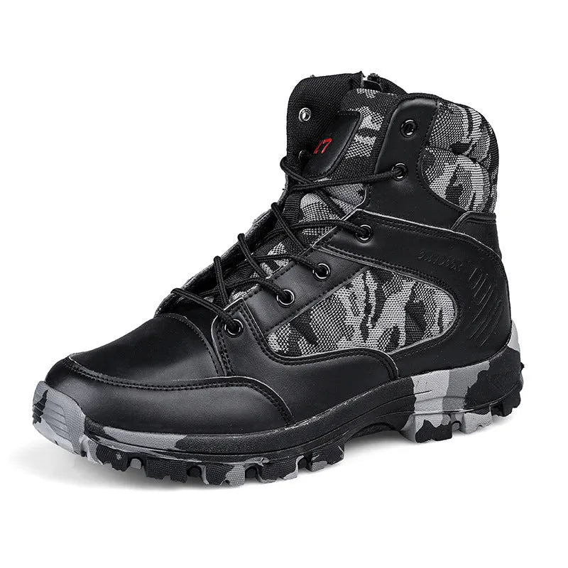 Men's high-top hiking shoes in camouflage colour with metal accent details