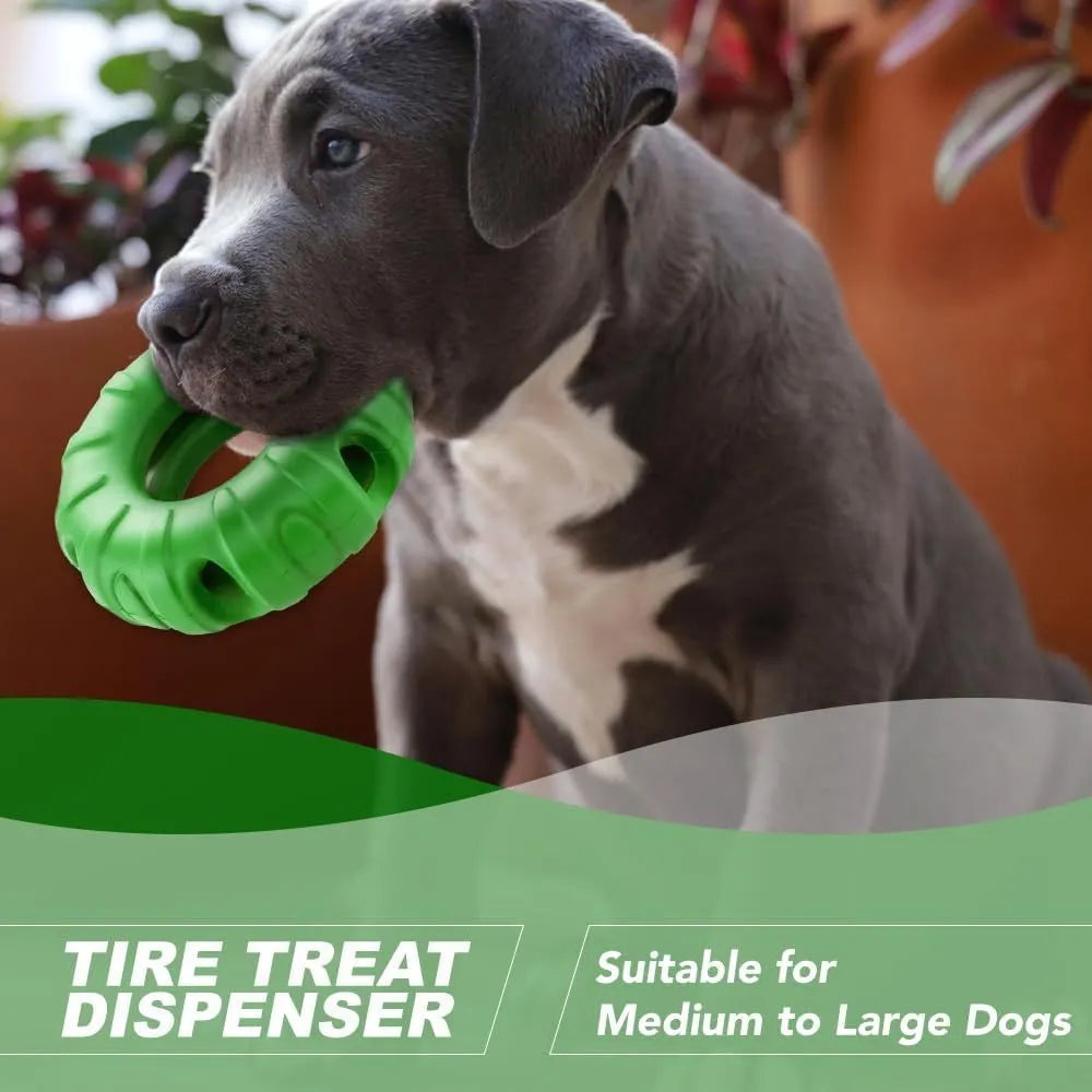 Blue rubber tyre-shaped dog chew toy with oval openings, for medium to large breed dogs.