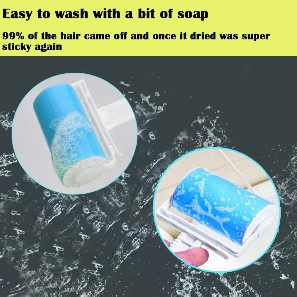 Blue washable reusable lint roller with cover for removing pet hair from clothes.