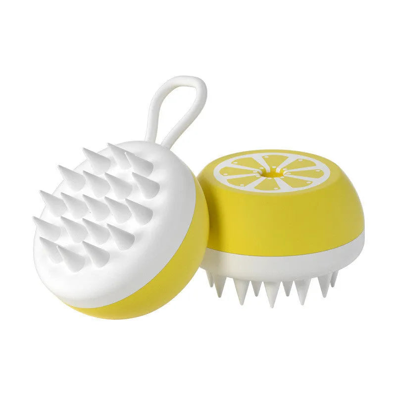 Yellow silicone pet bath brush with 2-in-1 comb design for dog and cat grooming