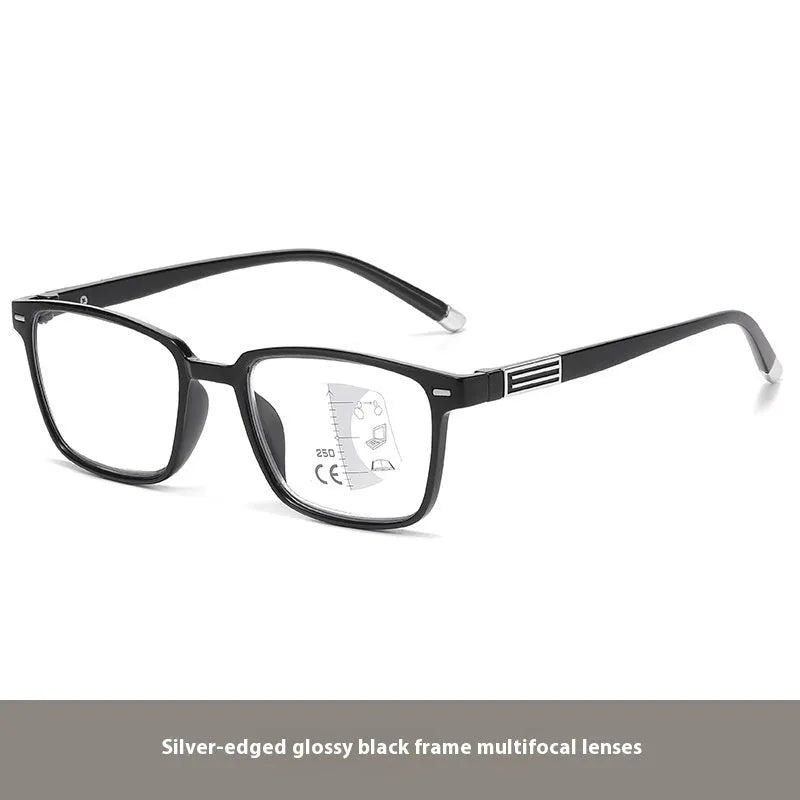 Multifocal reading glasses with anti-blue light and photochromic lenses in black frame with gold accents