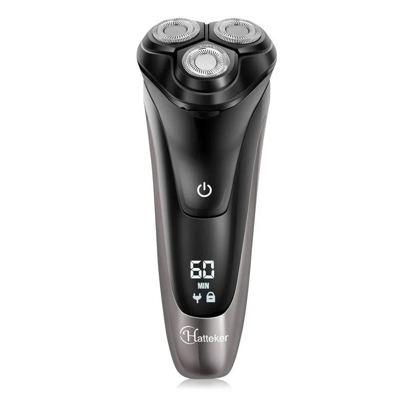 Electric shaver with three floating cutter heads, pop-up sideburn trimmer and LED display