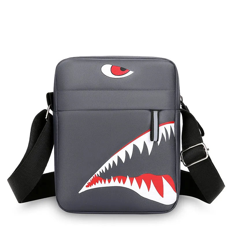 Men's small black Oxford cloth crossbody bag with animal print and shoulder strap