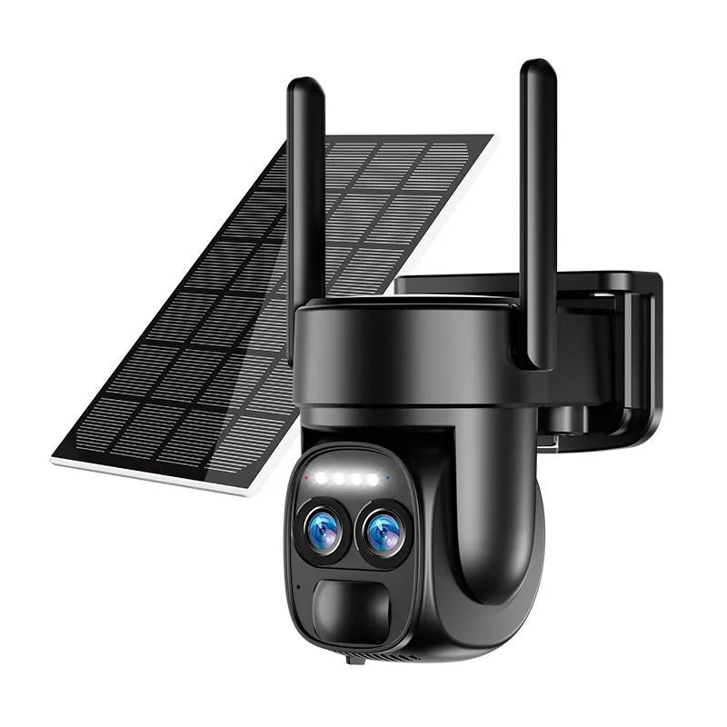 Solar-powered outdoor surveillance camera with 8x zoom lens and dual connectivity options