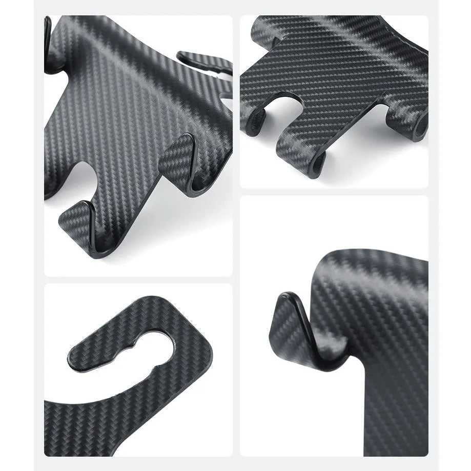 Black ABS plastic car multifunction hook bracket with integrated mobile phone holder for rear seat mounting.
