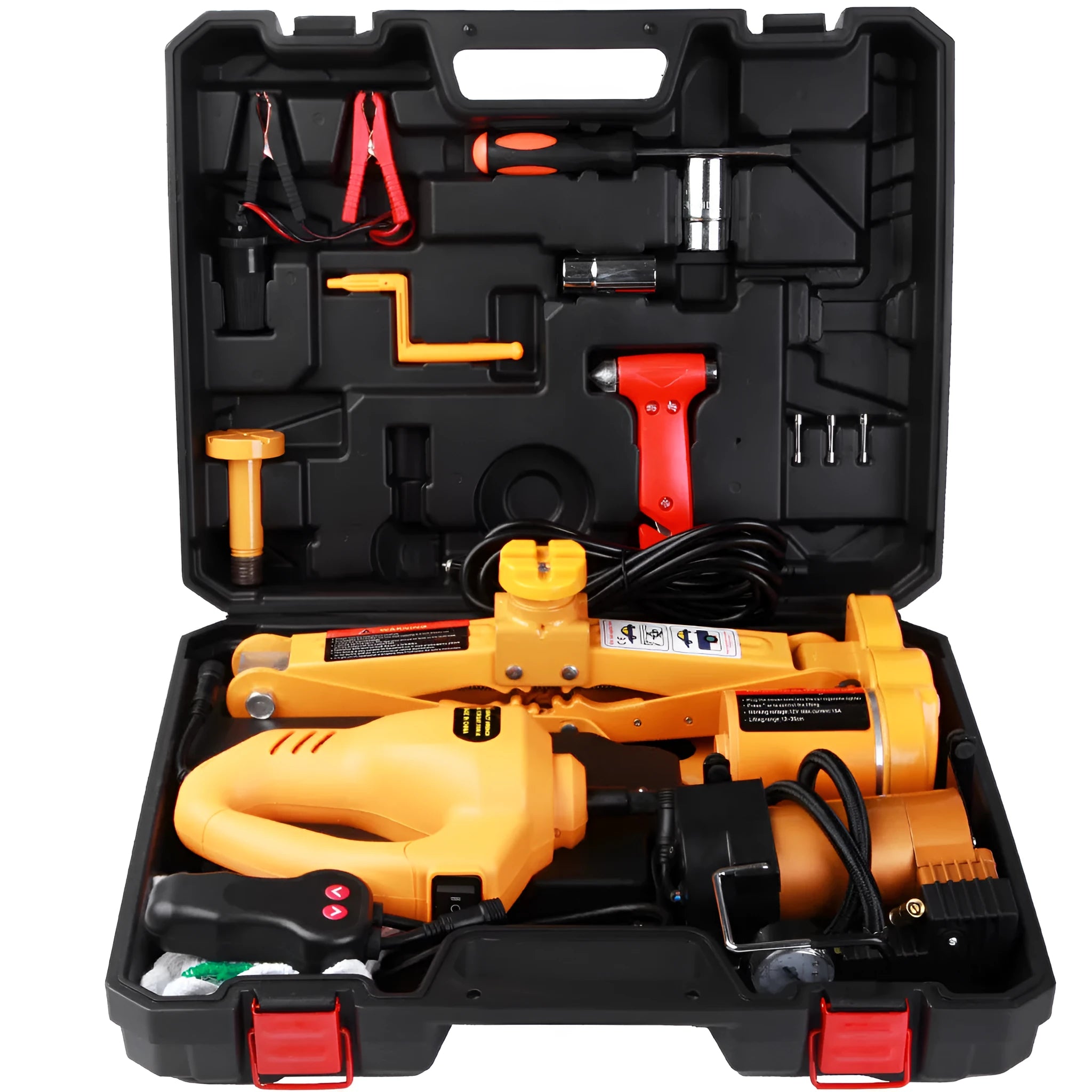 Yellow electric car jack set with 12V power cable and matching electric wrench