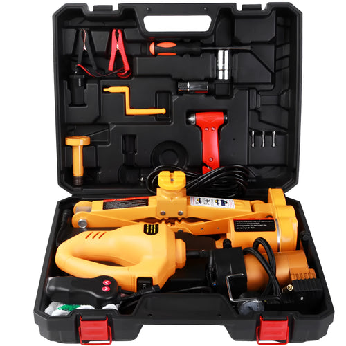 Yellow electric car jack set with 12V power cable and matching electric wrench