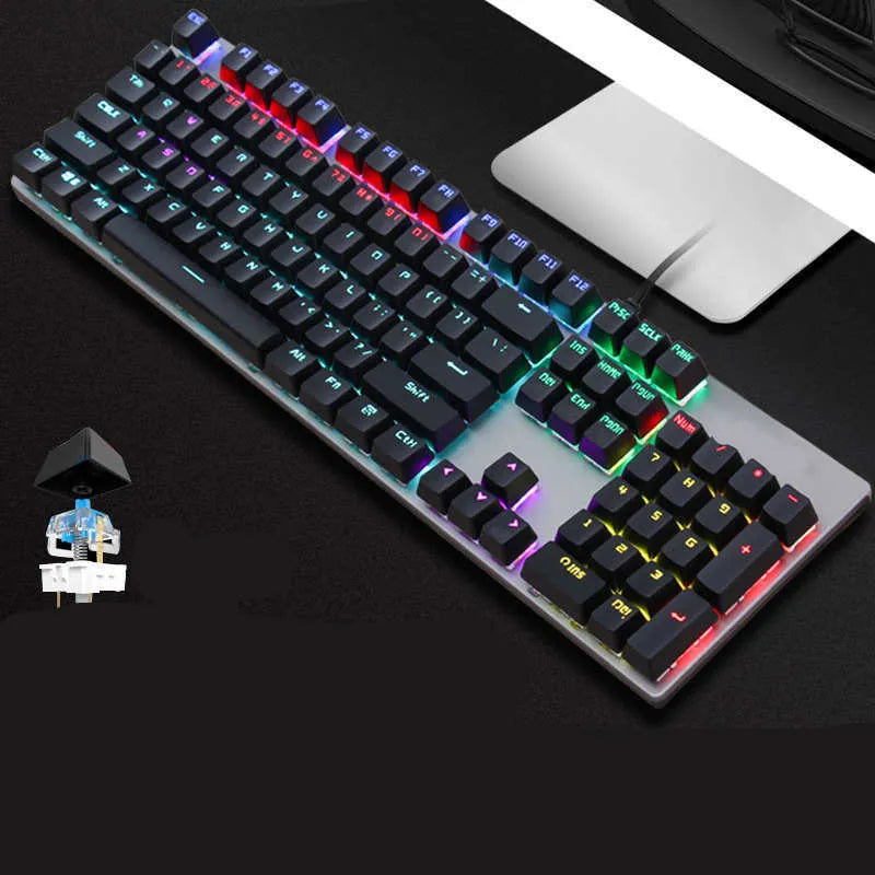 AOC GK410 mechanical keyboard with green switches, metal case, and backlit keys on a desk.