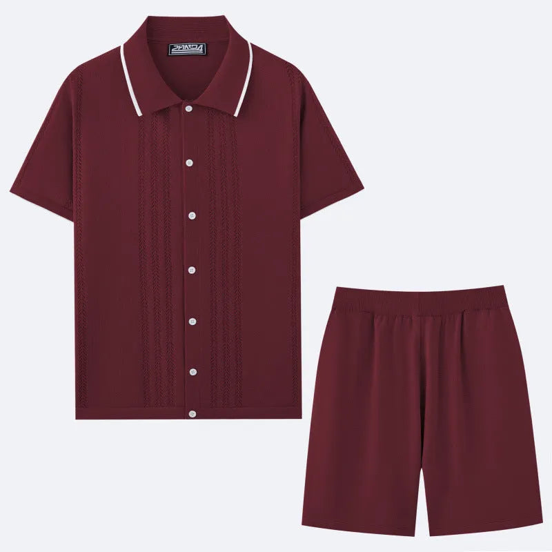 Tencel knit business casual two-piece set with short sleeve top and shorts in multiple colours.